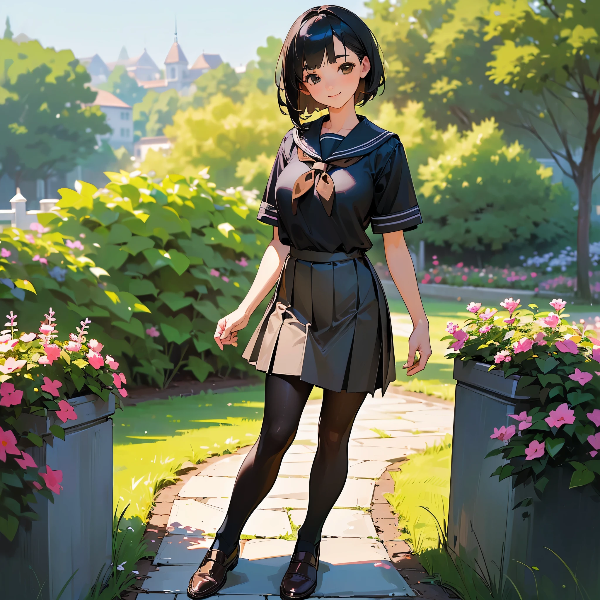 (Highest quality, High resolution, Super detailed, Realistic:1.37), Peaceful atmosphere, (Outdoor, garden), Teenage girl standing alone,(my breasts are big.),Beautifully detailed features, Cute Smile, ((Black bob hair)),Short-sleeved sailor uniform, Pleated skirt,Black tights,Brown leather shoes.