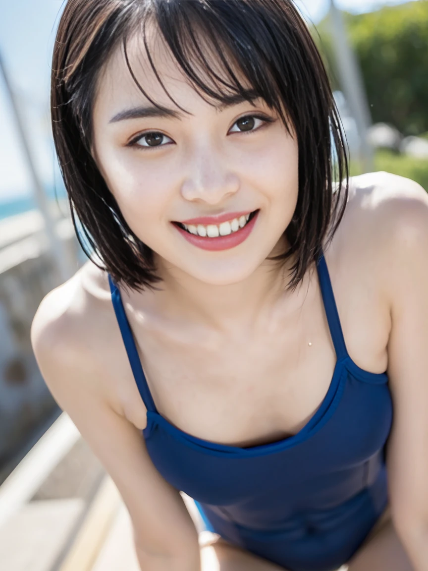 Sea Artbot ,Upscaling 、RAW Photos、Highest quality、masterpiece:1.2)、(Realistic、photo Realistic:1.37) 、1 female, 25-year-old woman, Japanese women,Height: 168cm, (ショートBob Hair, Straight hair, bangs:1.3, Brown Hair), (Lean：Weight 1.0), (Flat Chest:1.7),(Slender legs:1.4)、,(Erect nipples)、(Late at night)、((midnight))、(Beach)、Studio Lighting、(Bob Hair, Shortcuts, Brown Hair)、Detailed face、Lip details、Detailed eyeore skin、double eyelid、((Expose))、(Dark navy one-piece swimsuit、Japanese School Swimsuit)、 (((Wet swimsuit)))、Expose、perfectionボディ、Shiny skin、(Sweaty body:1.2)、Grinning face、((Sit on))、Make eye contact with the camera、Background camera lens blur、Written boundary depth、35 m、Very detailed、super high quality、perfection、High resolution、Seductive pose:1.2, whole body、Seeking sex、Asking for a kiss、