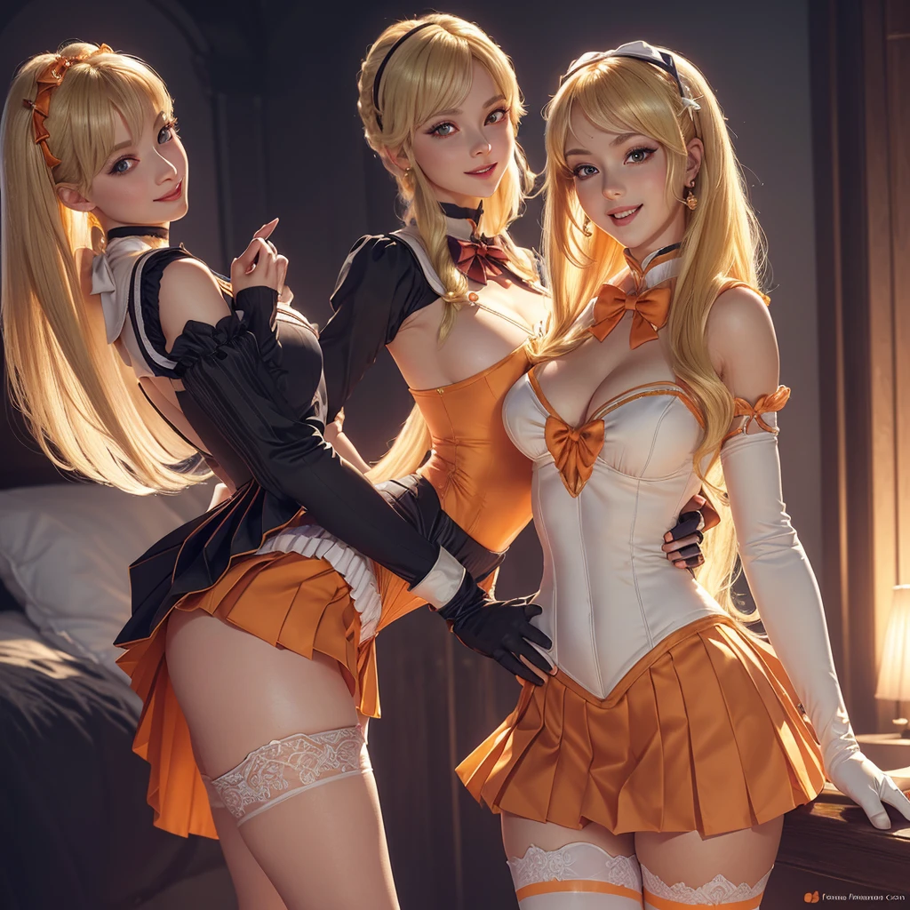 Beautiful 2 girl, full body shot, (blonde hair, straight blonde hair: 1.28), clear skin, (princess peach's face and hair), pale skin, medium breasts, cleavage, (thin hips, thin waist , athletic body: 1.25), (stockings), detailed skin, smile open mouth), black and silver and orange color scheme, highly detailed)), 8k textures, soft light, elegant, highly detailed, sharp focus, soothing tones, hyperdetailed, low contrast, hdr, faded, bed, ((sailor venus outfit, long gloves, jewelry, make-up, glowing red eyes, smile, open mouth, pleated skirt, Bosque, leotard, pleated skirt, bow on chest, knee high stockings)) realistic, 