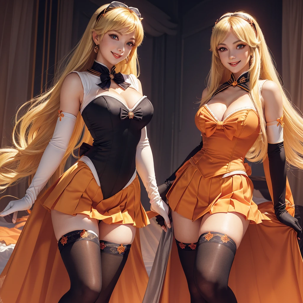 Beautiful 2 girl, full body shot, (blonde hair, straight blonde hair: 1.28), clear skin, (princess peach's face and hair), pale skin, medium breasts, cleavage, (thin hips, thin waist , athletic body: 1.25), (stockings), detailed skin, smile open mouth), black and silver and orange color scheme, highly detailed)), 8k textures, soft light, elegant, highly detailed, sharp focus, soothing tones, hyperdetailed, low contrast, hdr, faded, bed, ((sailor venus outfit, long gloves, jewelry, make-up, glowing red eyes, smile, open mouth, pleated skirt, Bosque, leotard, pleated skirt, bow on chest, knee high stockings)) realistic,