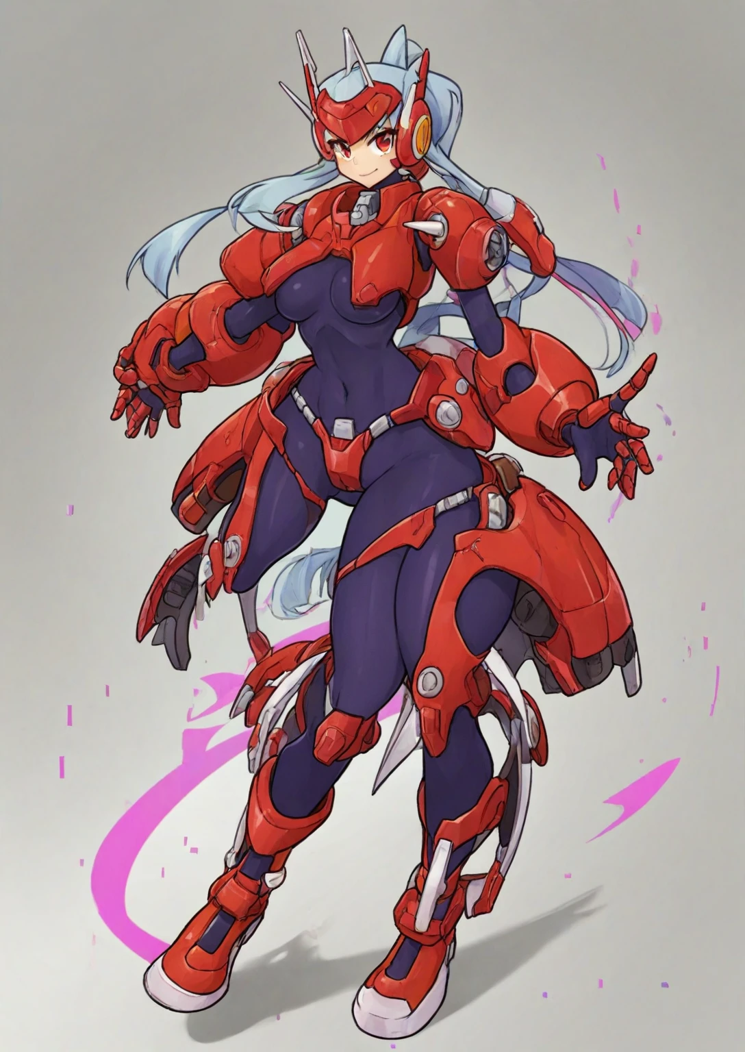 1in kinu-sensei artstyle, Kinu Nishimura style, muted pastel colors, full body, 1girl, long hair, mature female, tanned female, curvaceous figure, medium breasts, large hips, hourglass figure, solo, This image depicts a slender, humanoid character that is a reploid, a type of robot from the Mega Man X series. The character has a futuristic and stylized appearance, with a predominantly dark color scheme. The Reploid features a futuristic and functional design, incorporating a blend of traditional and utilitarian aesthetics. The character is depicted in a mechanical armor predominantly colored in vibrant purple, with contrasting red and white accents. The character has a loose hair with blunt bangs, giving a dynamic and lively feel. The pose is confident and energetic, with fists raised and a wide stance, suggesting readiness and enthusiasm. The art style is reminiscent of anime, with exaggerated features and vibrant colors, emphasizing the character's agility and youthfulness. **AI Art Prompts:** "Mega Man X reploid, slender humanoid robot, full-body mechanical armor in vibrant purple, red and white accents, long loose hair with blunt bangs, futuristic anime style, confident and energetic pose, sleek and modern look, exaggerated features, vibrant colors", featuring clean lines and detailed mechanical components, kinu-sensei artstyle,in kinu-sensei artstyle
