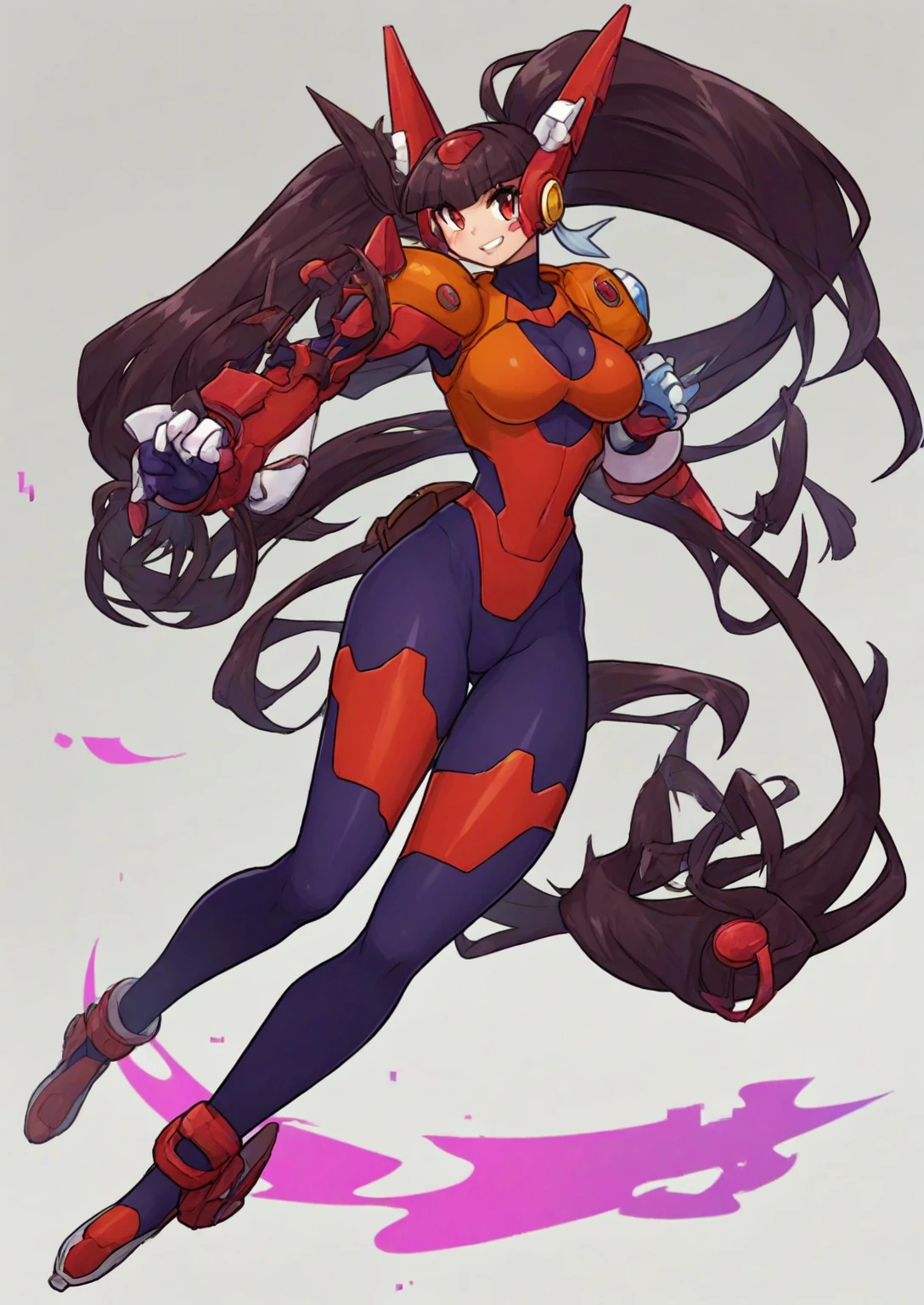 1in kinu-sensei artstyle, Kinu Nishimura style, muted pastel colors, full body, 1girl, long hair, mature female, tanned female, curvaceous figure, medium breasts, large hips, hourglass figure, solo, This image depicts a slender, humanoid character that is a reploid, a type of robot from the Mega Man X series. The character has a futuristic and stylized appearance, with a predominantly dark color scheme. The Reploid features a futuristic and functional design, incorporating a blend of traditional and utilitarian aesthetics. The character is depicted in a mechanical armor predominantly colored in vibrant purple, with contrasting red and white accents. The character has a loose hair with blunt bangs, giving a dynamic and lively feel. The pose is confident and energetic, with fists raised and a wide stance, suggesting readiness and enthusiasm. The art style is reminiscent of anime, with exaggerated features and vibrant colors, emphasizing the character's agility and youthfulness. **AI Art Prompts:** "Mega Man X reploid, slender humanoid robot, full-body mechanical armor in vibrant purple, red and white accents, long loose hair with blunt bangs, futuristic anime style, confident and energetic pose, sleek and modern look, exaggerated features, vibrant colors", featuring clean lines and detailed mechanical components, kinu-sensei artstyle,in kinu-sensei artstyle