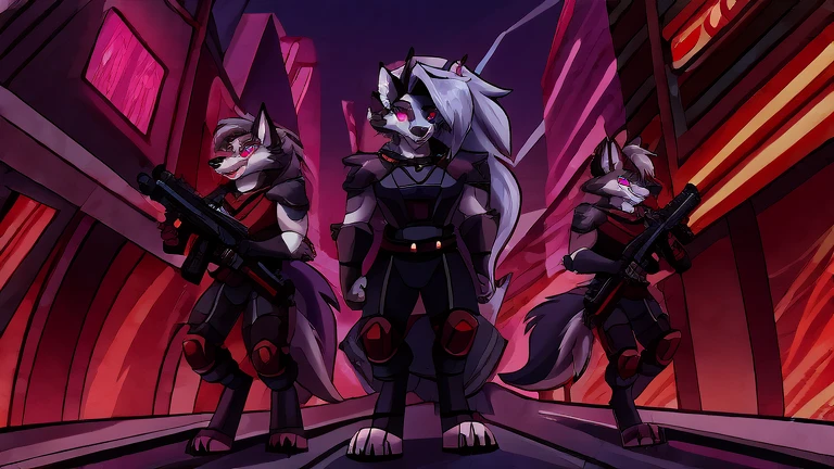 (masterpiece, best quality:1.2), group of Vortex male hellhounds, a couple of male bodyguards, wolves, furry, helluva boss, hypnotized with glowing purple eyes, angry serious face, wearing futuristic armor, using a Pulse Rifle, Energy Rifle, Futuristic assault rifle, commanded by Loona, chasing, hell streets background