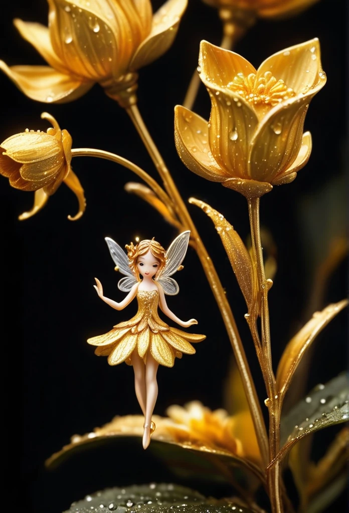 Beautiful golden flower,with water drops,a tiny fairy (miniature) is gracefully holding  the flower, pitch black background,(art work),(refined details),(high quality)