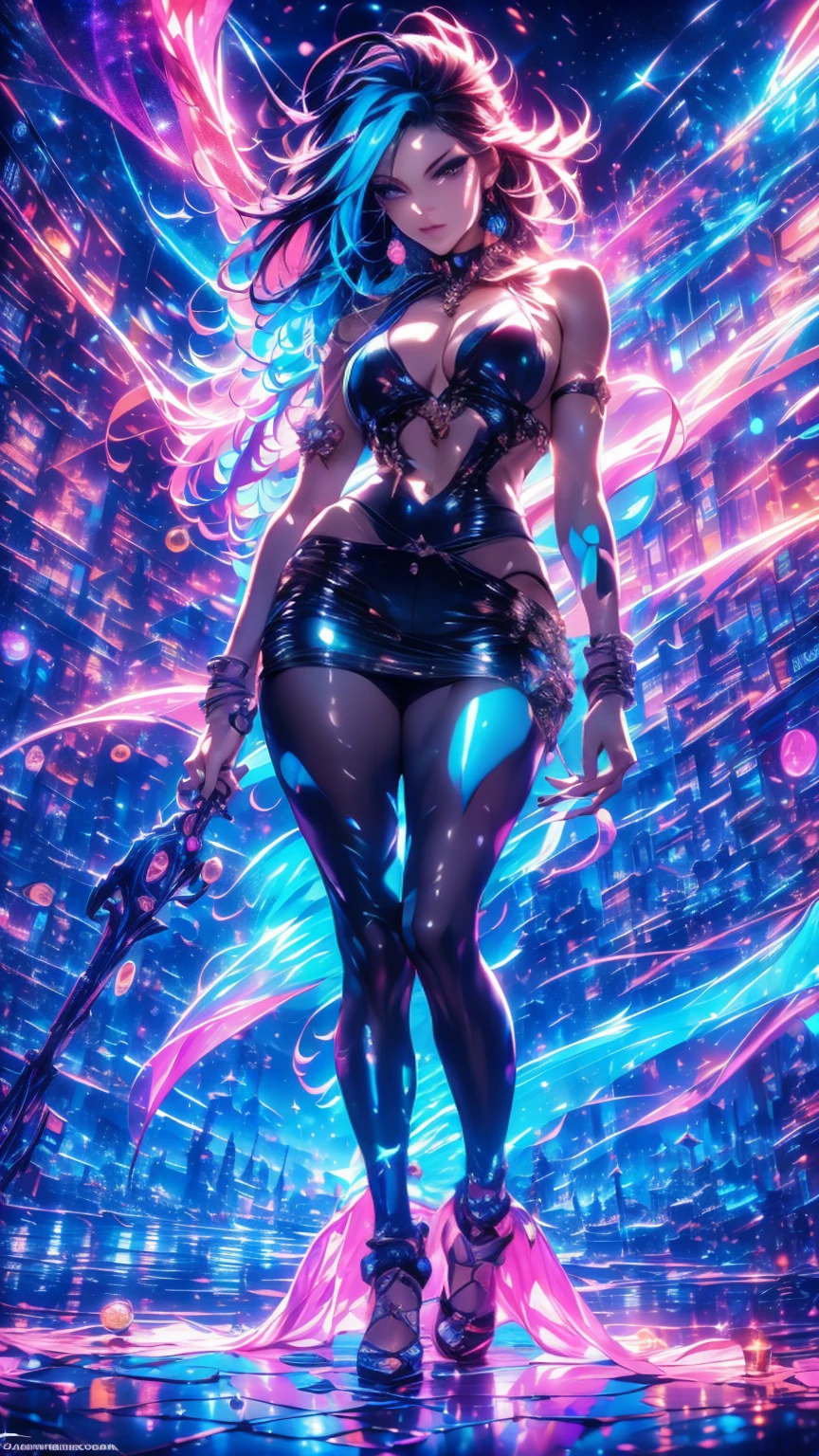 An ultra-realistic and ultra-detailed, Extra- Vibrant, (Legendary Vivid Neon Multicolored Psychedelic Masterpiece), ((full body portrait)), Running, (Dynamic Angle), best quality, (Angled View), 1girl, She is a Gorgeous Magical Alchemist, a very noble Caucasian lady, ringed silver eyes, Calm, half closed eyes, thin body, slim waist, small breasts, (bare legs), Awesome Black Hair, a confident smile, ((HOLDING A GORGEOUS COLORFUL RAINBOWLUMINESCENT GALAXY IN HER HANDS)), Celestial Star Map, highly detailed expensive wizard's skirt, Running, beautiful, dramatic, backlighting, night, midnight, (Multitude Of Stars), beautiful fantastic night view, (ultra-detailed, finely detailed beautiful eyes and face), high resolution, 8k UHD, perfect anatomy, perfect fingers, Highly detailed scenery, Highly detailed background, perspective, depth of field, atmospheric