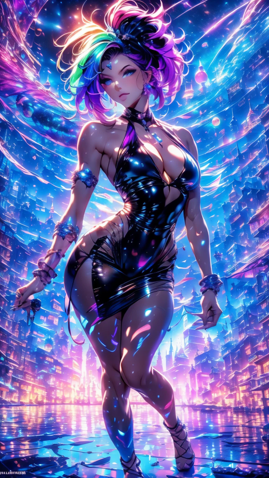 An ultra-realistic and ultra-detailed, Extra- Vibrant, (Legendary Vivid Neon Multicolored Psychedelic Masterpiece), ((full body portrait)), Running, (Dynamic Angle), best quality, (Angled View), 1girl, She is a Gorgeous Magical Alchemist, a very noble Caucasian lady, ringed silver eyes, Calm, half closed eyes, thin body, slim waist, small breasts, (bare legs), Awesome Black Hair, a confident smile, ((HOLDING A GORGEOUS COLORFUL RAINBOWLUMINESCENT GALAXY IN HER HANDS)), Celestial Star Map, highly detailed expensive wizard's skirt, Running, beautiful, dramatic, backlighting, night, midnight, (Multitude Of Stars), beautiful fantastic night view, (ultra-detailed, finely detailed beautiful eyes and face), high resolution, 8k UHD, perfect anatomy, perfect fingers, Highly detailed scenery, Highly detailed background, perspective, depth of field, atmospheric