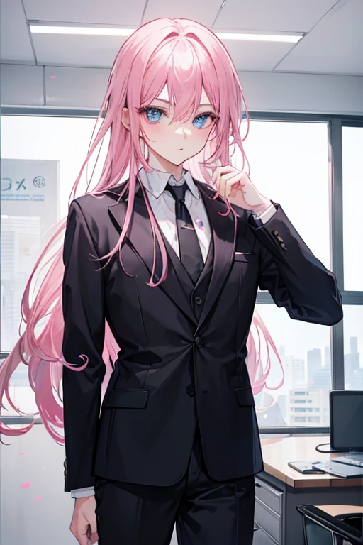 Man with pink hair, black executive suit, looking forward, long hair, sweet look, blue eyes, pink eyeshadow, inside an office.