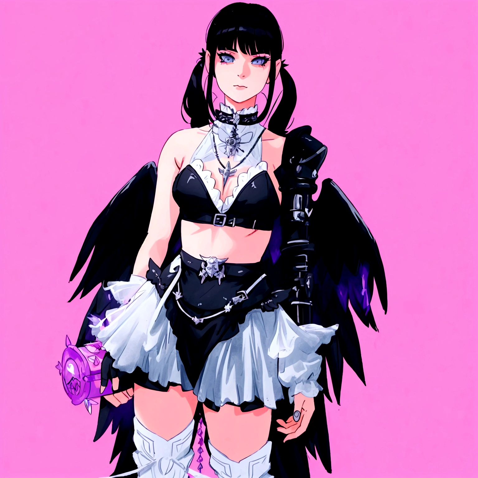 there is a woman in a costume with wings and a purse, villainess has black angel wings, angel knight gothic girl, fantasy outfit, gothic outfit, inspired by Awataguchi Takamitsu, beautiful cyborg angel girl, angel with black wings, as a mystical valkyrie, raven winged female vampire, pastel goth, hyper - goth, belle delphine