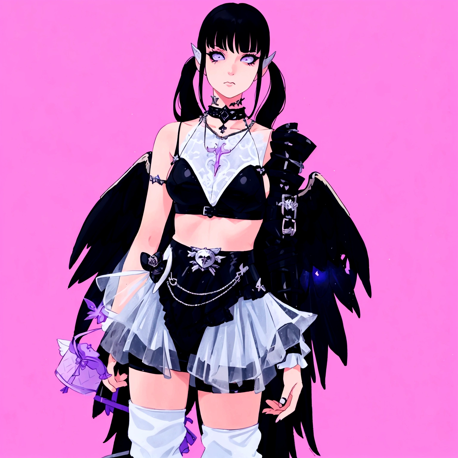 there is a woman in a costume with wings and a purse, villainess has black angel wings, angel knight gothic girl, fantasy outfit, gothic outfit, inspired by Awataguchi Takamitsu, beautiful cyborg angel girl, angel with black wings, as a mystical valkyrie, raven winged female vampire, pastel goth, hyper - goth, belle delphine