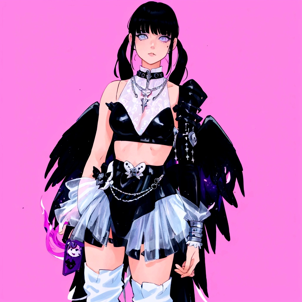 there is a woman in a costume with wings and a purse, villainess has black angel wings, angel knight gothic girl, fantasy outfit, gothic outfit, inspired by Awataguchi Takamitsu, beautiful cyborg angel girl, angel with black wings, as a mystical valkyrie, raven winged female vampire, pastel goth, hyper - goth, belle delphine