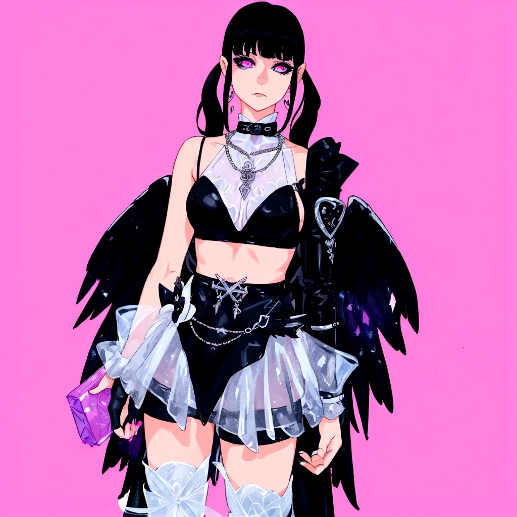 there is a woman in a costume with wings and a purse, villainess has black angel wings, angel knight gothic girl, fantasy outfit, gothic outfit, inspired by Awataguchi Takamitsu, beautiful cyborg angel girl, angel with black wings, as a mystical valkyrie, raven winged female vampire, pastel goth, hyper - goth, belle delphine