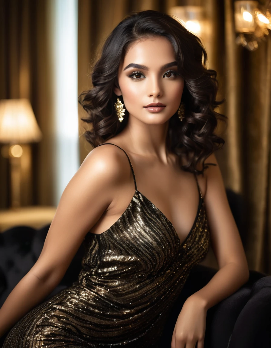 A captivating young woman with shoulder-length, wavy dark hair poses elegantly. She is dressed in a stunning, black and gold shimmering dress that highlights her toned physique. Her deep, soulful eyes and perfectly contoured face are enhanced by her subtle, yet effective makeup. The soft lighting and the blurred, sophisticated indoor background, featuring sheer curtains and plush seating, add to the luxurious and intimate atmosphere of the scene.