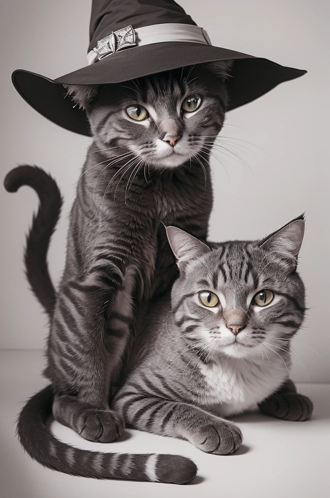 Draw a sketch of a cat. The cat is wearing a witch's hat and, Optionally, glasses. She is holding a wand in one paw, pointing to a pastry that appears to be created by magic