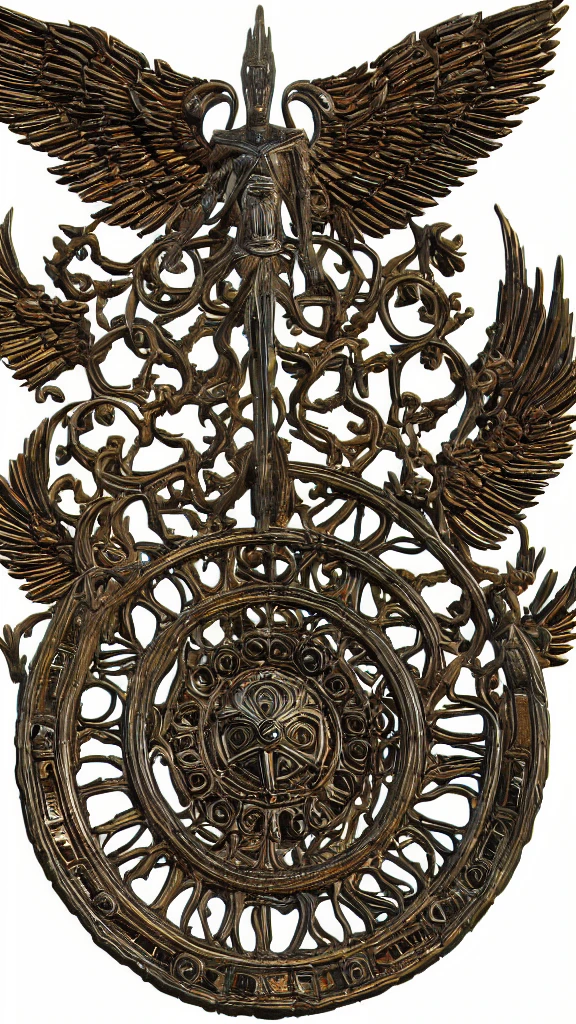 creates an image of a Submitted by you:
I created an image of a being that has six wings and is surrounded by flames or bright light., They have four faces (man, Lion, ox and eagle) and multiple wings covered with eyes, They are shaped like wheels with multiple eyes on their surface, with wings and multiple arms, each holding some symbolic object, just like winged figures that look human, They are generally represented with open wings and surrounded by light they look like warriors in armor., helmets and spears, They are often Beings with multiple wings and eyes, each holding some type of building or structure, They have the appearance of humans with wings and are often represented with symbolic objects, like a palm, these human beings with wings, usually friendly and ethereal looking.
