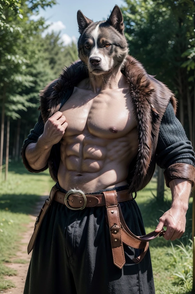 Reif's fluffy fur coat is not merely a trait of his dragon-kin heritage but a reflection of his status. The deep blues and greys of his fur are often associated with the wisdom of the ancients, while his piercing blue eyes seem to gaze into the soul of anyone who dares to meet his gaze. His stature, at 173 cm, is quite notable, especially given his narcoleptic condition. His physique, though not traditionally robust, suggests a strength that lies beneath the surface, hinting at the formidable power he wLumberjack Shirt:
The green lumberjack shirt, unbuttoned to reveal his furry, hairy chest, is a nod to the region's strong ties to nature and the robustness of its inhabitants. The color green is significant in both Slavic and Celtic cultures, representing growth, life, and the vastness of the forest that surrounds the village. The pattern of the shirt, reminiscent of the ancient runic symbols found on artifacts from both cultures, suggests a unity of the old and new worlds. The sleeves, rolled up to his elbows, offer a glimpse of his powerful, fur-covered forearms, symbolizing his readiness for manual labor and combat, despite his scholarly demeanor.
Loose-Fitting Pants:
The dark brown pants, tailored to allow unrestrained movement, are emblematic of the village's emphasis on functionality and comfort. The material, a durable blend of fabric and fur, is both stylish and practical, suited to the various activities Reif engages in, from tending to his garden to engaging in the rigorous training sessions that keep him fit for his role as the village's guardian.
Leather Chest Belt Strap:
The brown leather chest belt strap serves both a practical and symbolic purpose. It holds the shirt in place, emphasizing his chest and abs, but also acts as a utilitarian accessory, allowing him to keep essential items close at hand. This strap is a subtle nod to the dragon-kin's historical attire, which often incorporated leather and fur to signify their mastery over the natural world
