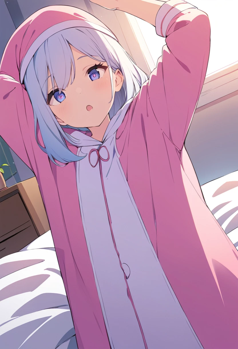 detailed illustration, (front view), (side view),dynamic angle, ultra-detailed, illustration, clean line art, shading, anime, detailed eyes, detailed face, beautiful face, dramatic lighting, detailed illustration, dynamic angle, ultra-detailed, illustration, (single woman: 1.8), masterpiece, masterwork, beautiful, (1 woman:1.8),
Woman, waking up, in a oversized pajama, long nightcap hat, stretching arms, yawning,