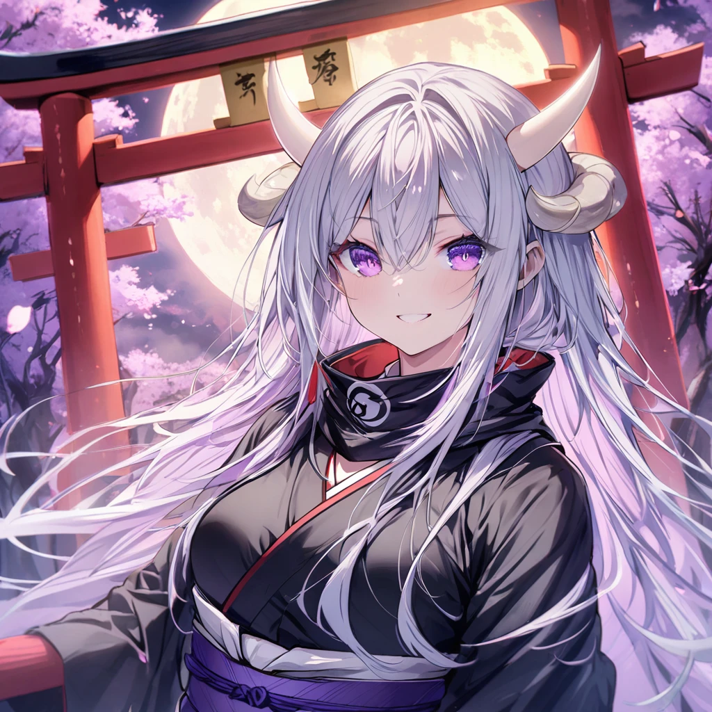 Long silver hair, Smile Torii
, black ninja, full moon, purple eyes, white horns