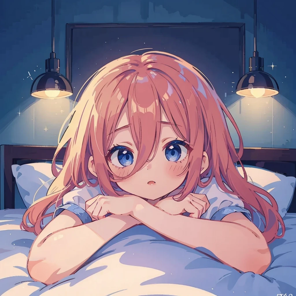 Beautiful cute girl, cute dress, extreme detail, high ray tracing, 8k, 4k, highest resolution, photography, high detailed lighting, perfect face, bedroom, miku nakano, laying on bed, fluffy  red brown hair, hair across face, blue eyes, blue headphones