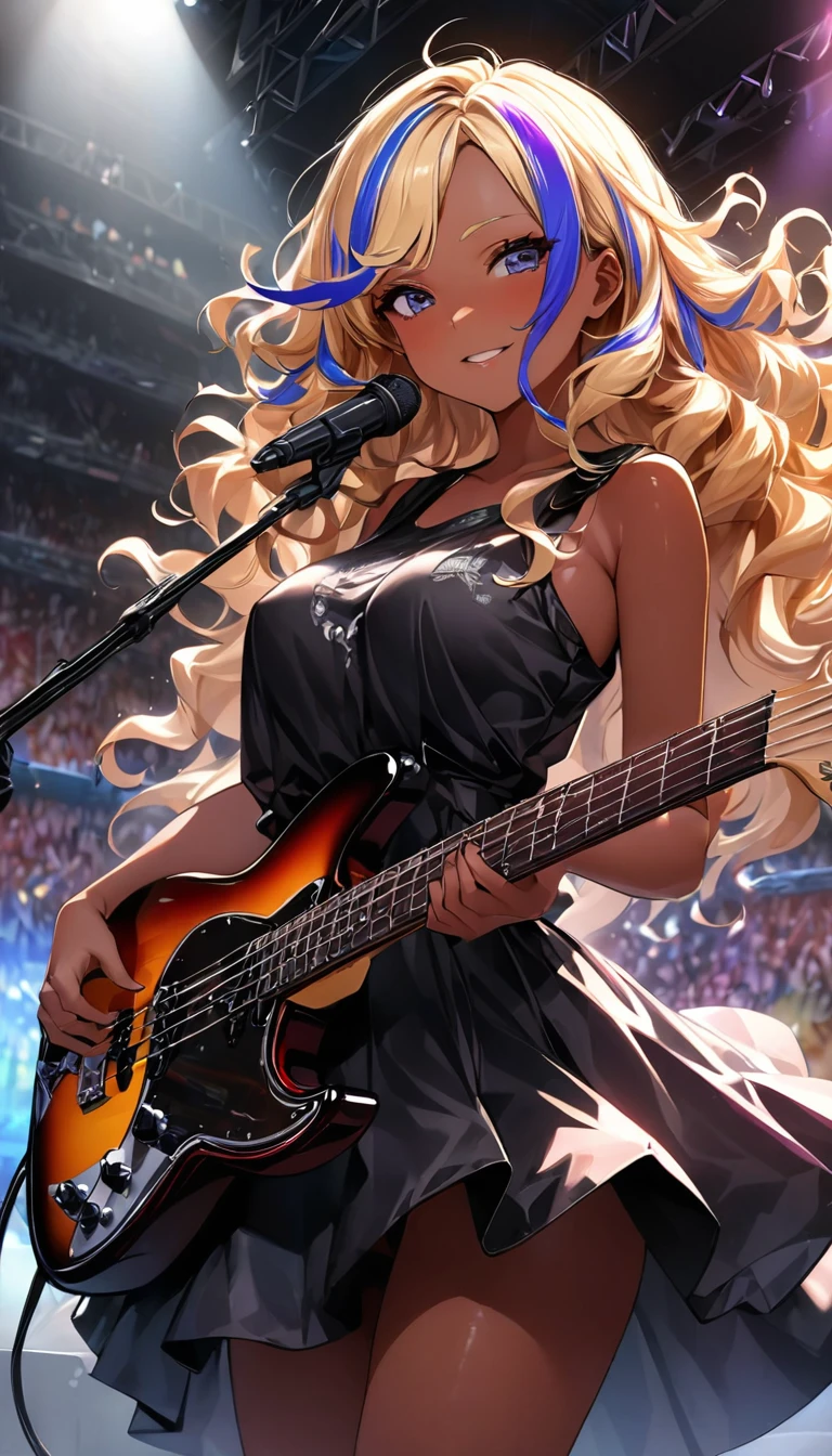 (highest quality:1.2, Very detailed, up to date, Vibrant, Ultra-high resolution, High Contrast, masterpiece:1.2, highest quality, Best aesthetics), Portraiture、girl、slim, stage、performance、Rock Music、Bright colors、Beautiful fine details、Beautiful lip detail、extra short hair, ((wavy hair:1.3))、messy hair, blonde and blue ((streaked hair:1.5)), highlights hair: 1.3, middium breast, (tan skin:1.3), Music band、Cheerful pose、Concert Light、Edgy Style、black tank top、Dynamic Movement、hypnotic sounds、Stadium、amplifier、Loud music、Electric bass、playing bass hard, Fender bass, mike stand, Powerful vocals、Passionate performance、Sparkling stage、Concert atmosphere、Music Festival、Full of emotion、Rock star attitude、Resolute expression、Avid Fan、The presence of an attractive stage、 Expressive gestures、Rock star aura、An exciting atmosphere、Sing with all your heart、An unforgettable show。cowboy shot