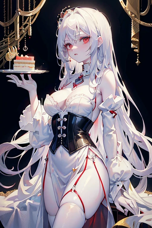 White curly hair, red eyes, 21 years old, Pale skin, Female, Hour glass body w/ pale skin, Diamond & silver crown, White marble & gold detailed corset, white lace false collar sleeves, silver claw hand jewelry, eating pastry, holding a plate of cake.