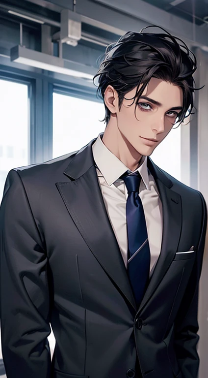 (Highest quality,4K,8K,High resolution,masterpiece:1.2),Super detailed,(Realistic,photoRealistic,photo-Realistic:1.37),1 person,31 years old,Mature Men,Beautiful skin、very handsome,Expressionless,smile,Short gray black hair,blue eyes,Sharp Eyes,A perfect face without a doubt,Businessman,Office Background,Cinema Lighting,HDR image,tie、
