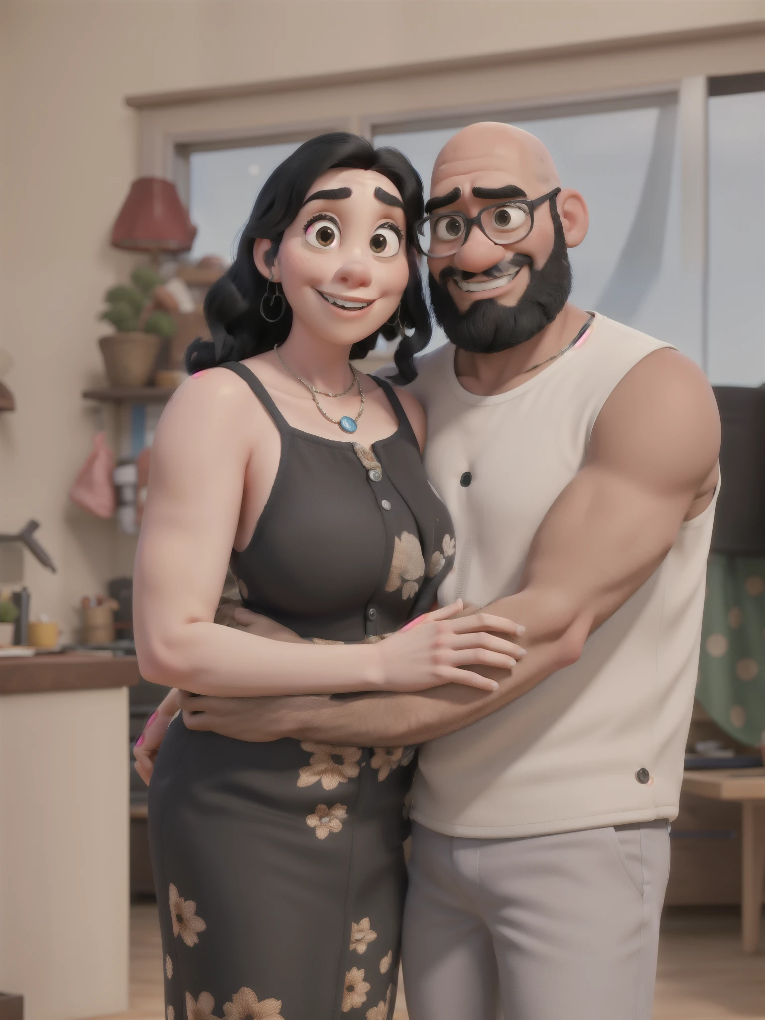 Pixar Style: Black-haired Woman and Bald Man with Beard
