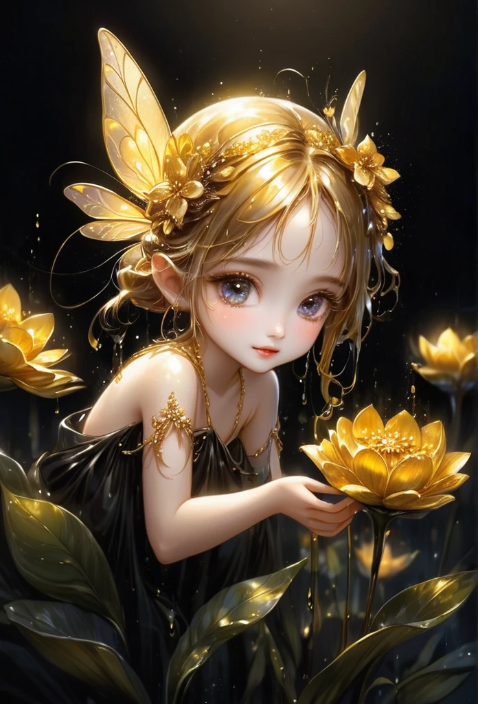 Beautiful golden flower,with water drops,a tiny fairy is gracefully holding the flower, pitch black background,(art work),(refined details),(high quality)