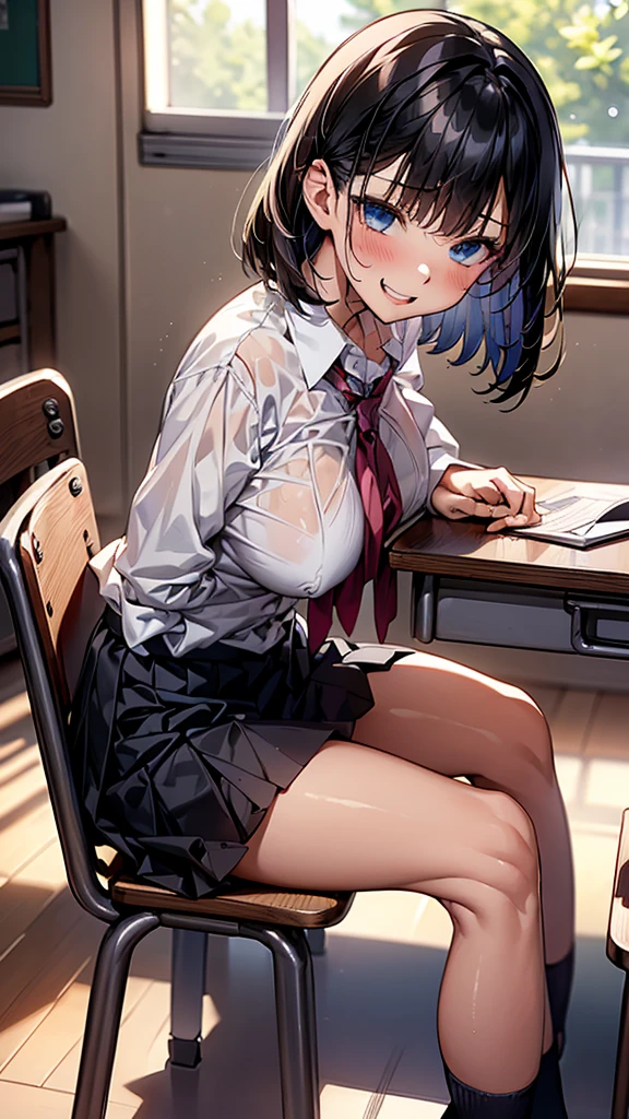 (Front angle:1.6)、(masterpiece, Official Art), One Girl, Black Hair, blue eyes, hair ornaments, Hair Clip,  (school uniform), (shirt), (tie), (skirt), (Wet), (Huge breasts), very good、sunlight,classroom、During class、 View Audience, Grin,Cum on face、 Charm, blush, Charm服, , (Place your hands between your legs), (Sitting on a chair、Put your chest on the desk),White panties、Short Bob、Sticking out your tongue、Dripping a huge amount of saliva、Peeing、squirt pee、tits 、titsをテーブル机の上に胸を置く、nsfw