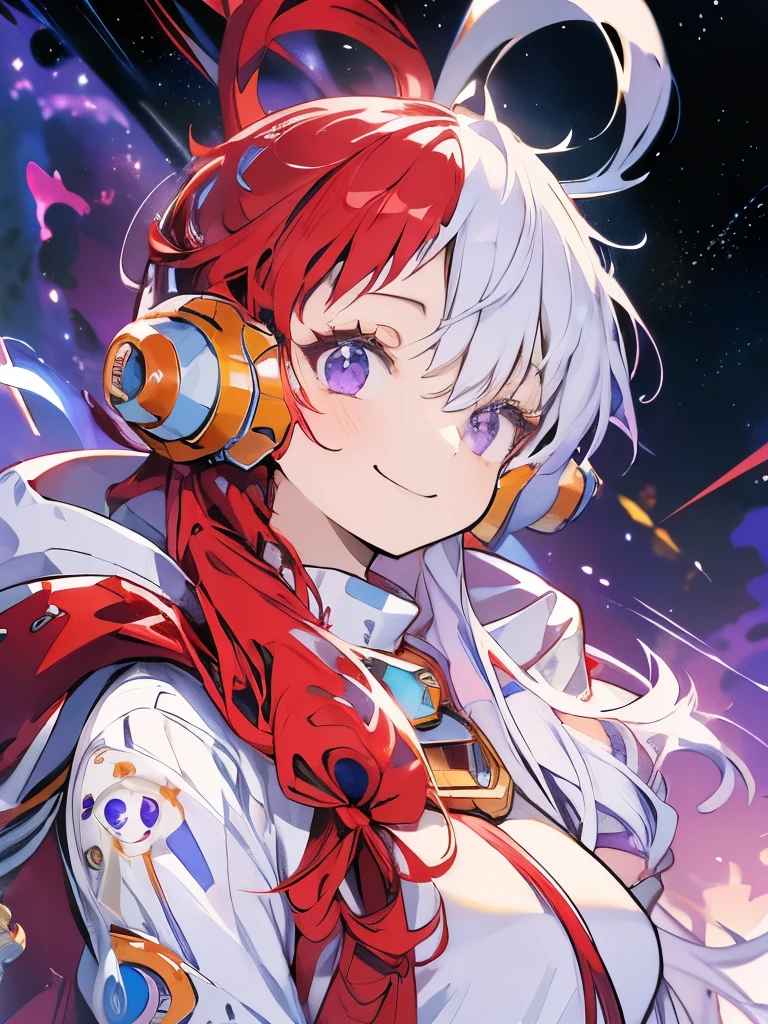 masterpiece、Cute Anime Girl、uta、Red and white hair、Long Hair、Purple eyes、smile、Shining Background、Starry Ski、(((Beautiful Milky Way、nebula)))、Upper Body