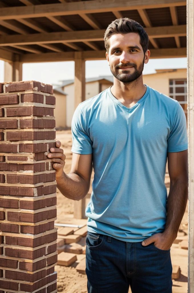 30 year old man, building houses,schools, holding bricks with both hands