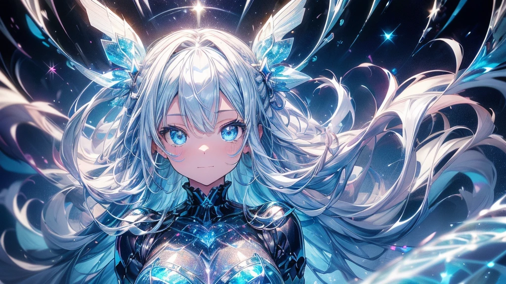 Equipment:2.Gemstone brilliance:2.whole body:2.Star Fairy:2.hourglass、Equipment:2、((Tabletop))),((Ultra-detailed,Highest quality, High resolution)), (1 Girl)((Milky white and blue gradient hair, Long Hair,Straight hair,Both sides up)) (Blue eyes),eye shadow, Eyeliner,Glow Eyes, Ultra-detailed eyes, Complex eyes, Beautiful Eyes, ((Shining light blue eyes))18-year-old girl、Frills.smile .hourglassの背景、大きなhourglass.((High contrast RGB effect, LED Effect, Kaleidoscope effect, Glowing effect, Ripple effects, Glitter RGB Effect)) Laughter