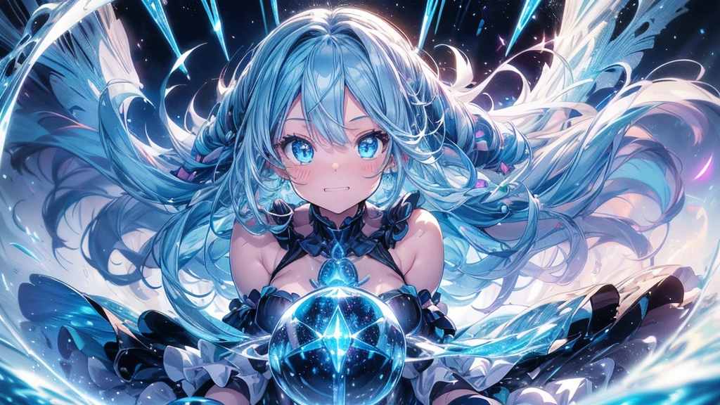 Equipment:2.Gemstone brilliance:2.whole body:2.Star Fairy:2.hourglass、Equipment:2、((Tabletop))),((Ultra-detailed,Highest quality, High resolution)), (1 Girl)((Milky white and blue gradient hair, Long Hair,Straight hair,Both sides up)) (Blue eyes),eye shadow, Eyeliner,Glow Eyes, Ultra-detailed eyes, Complex eyes, Beautiful Eyes, ((Shining light blue eyes))18-year-old girl、Frills.smile .hourglassの背景、大きなhourglass.((High contrast RGB effect, LED Effect, Kaleidoscope effect, Glowing effect, Ripple effects, Glitter RGB Effect)) Laughter