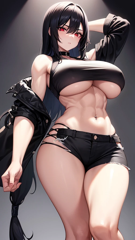 1 girl, muscular, black hair, red eyes, pale skin, solo, medium length hair, curvy, wide hips, thick thighs, very huge breasts, black choker, black crop top, black jean booty shorts, sultry, navel piercing, midriff abs