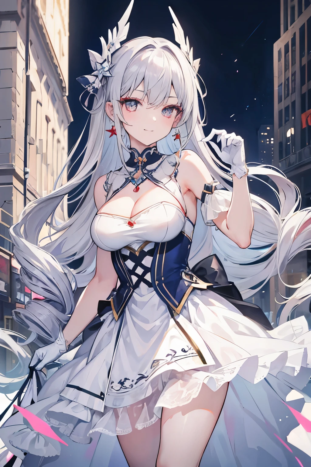 (Realistic painting style:0.9), masterpiece, best quality, absurdres, looking at viewer, solo, bronya zaychik (silverwing n-ex), bronya zaychik, red pupils, 1girl, solo, breasts, long hair, dress, grey hair, cleavage, looking at viewer, smile, closed mouth, bangs, grey eyes, jewelry, single glove, earrings, white dress, gloves, bare shoulders, sleeveless dress, drill hair, sleeveless, single sleeve, hair between eyes, large breasts, twin drills, white sleeves, hair ornament, single pauldron, city, night
