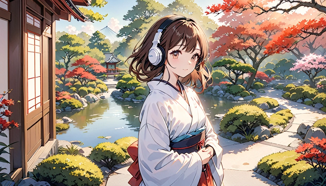 Girl wearing headphones,Brown Hair,1 person,bright,Japanese garden,Morning Glow