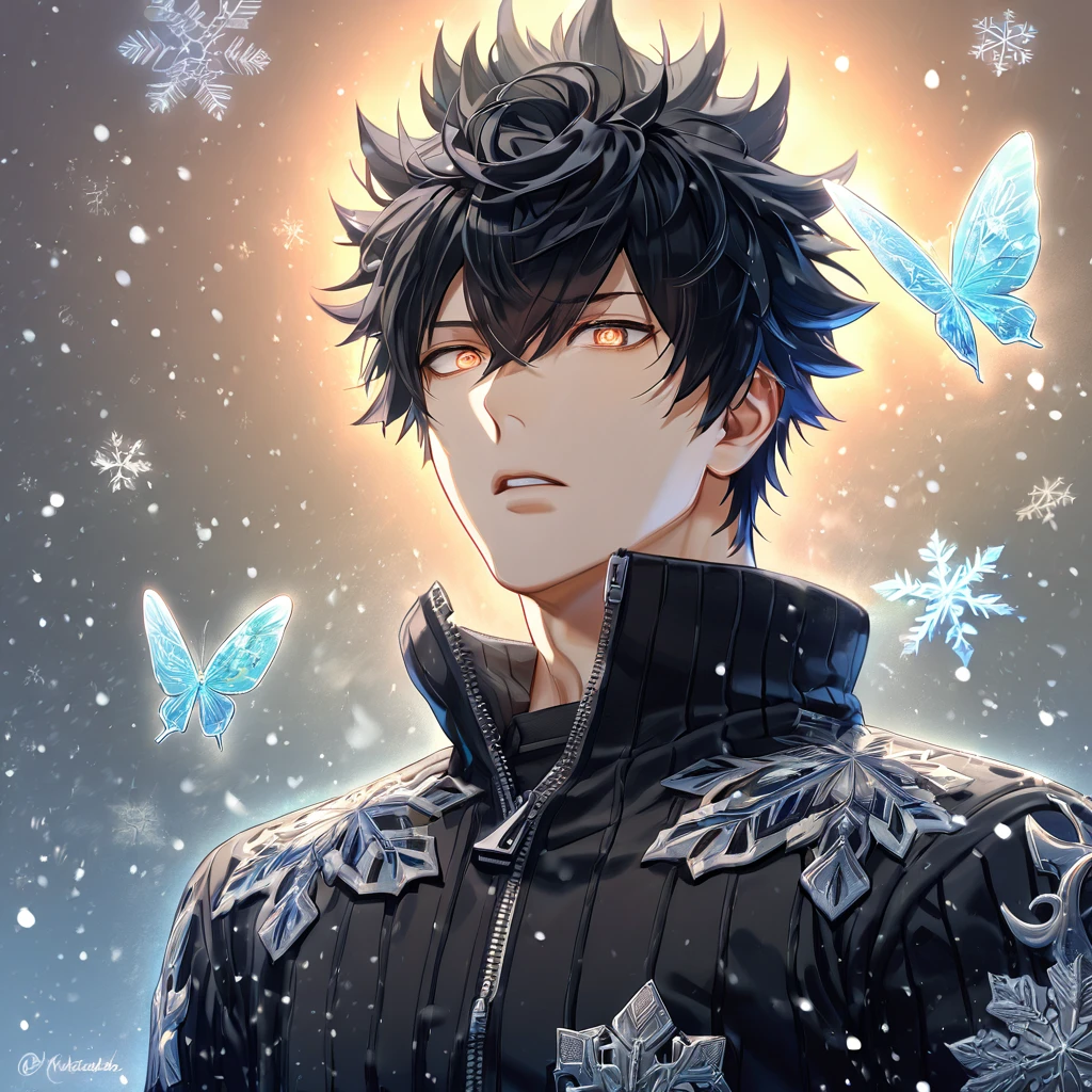 absurdres, highres, ultra detailed, HDR, master piece, best quality, extremely detailed, Kageura Masato, black hair, spiked hair, expressive amber eyes, World Trigger, solo, sexy man, handsome, black sweater with high collar and a zipper, magical, fantasy, snowflakes, ice butterflies, ice, snowing