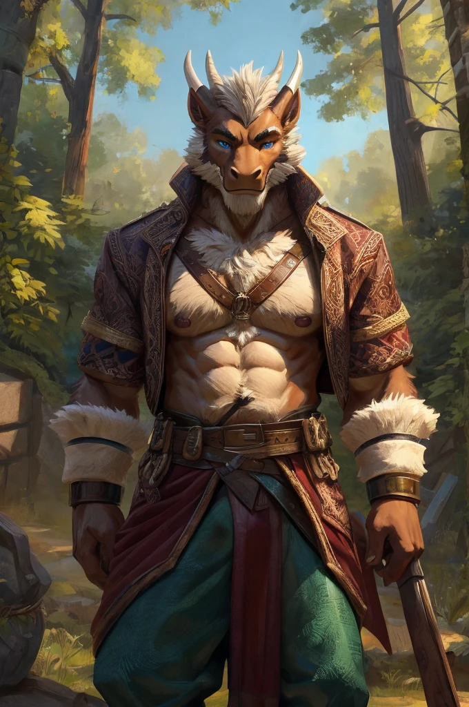 Reif's fluffy fur coat is not merely a trait of his dragon-kin heritage but a reflection of his status. The deep blues and greys of his fur are often associated with the wisdom of the ancients, while his piercing blue eyes seem to gaze into the soul of anyone who dares to meet his gaze. His stature, at 173 cm, is quite notable, especially given his narcoleptic condition. His physique, though not traditionally robust, suggests a strength that lies beneath the surface, hinting at the formidable power he wLumberjack Shirt: The green lumberjack shirt, unbuttoned to reveal his furry, hairy chest, is a nod to the region's strong ties to nature and the robustness of its inhabitants. The color green is significant in both Slavic and Celtic cultures, representing growth, life, and the vastness of the forest that surrounds the village. The pattern of the shirt, reminiscent of the ancient runic symbols found on artifacts from both cultures, suggests a unity of the old and new worlds. The sleeves, rolled up to his elbows, offer a glimpse of his powerful, fur-covered forearms, symbolizing his readiness for manual labor and combat, despite his scholarly demeanor. Loose-Fitting Pants: The dark brown pants, tailored to allow unrestrained movement, are emblematic of the village's emphasis on functionality and comfort. The material, a durable blend of fabric and fur, is both stylish and practical, suited to the various activities Reif engages in, from tending to his garden to engaging in the rigorous training sessions that keep him fit for his role as the village's guardian. Leather Chest Belt Strap: The brown leather chest belt strap serves both a practical and symbolic purpose. It holds the shirt in place, emphasizing his chest and abs, but also acts as a utilitarian accessory, allowing him to keep essential items close at hand. This strap is a subtle nod to the dragon-kin's historical attire, which often incorporated leather and fur to signify their mastery over the natural world