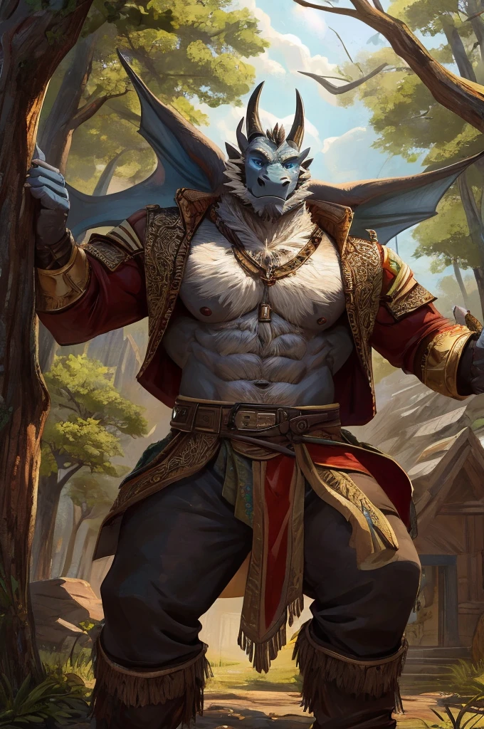 Reif's fluffy fur coat is not merely a trait of his dragon-kin heritage but a reflection of his status. The deep blues and greys of his fur are often associated with the wisdom of the ancients, while his piercing blue eyes seem to gaze into the soul of anyone who dares to meet his gaze. His stature, at 173 cm, is quite notable, especially given his narcoleptic condition. His physique, though not traditionally robust, suggests a strength that lies beneath the surface, hinting at the formidable power he wLumberjack Shirt: The green lumberjack shirt, unbuttoned to reveal his furry, hairy chest, is a nod to the region's strong ties to nature and the robustness of its inhabitants. The color green is significant in both Slavic and Celtic cultures, representing growth, life, and the vastness of the forest that surrounds the village. The pattern of the shirt, reminiscent of the ancient runic symbols found on artifacts from both cultures, suggests a unity of the old and new worlds. The sleeves, rolled up to his elbows, offer a glimpse of his powerful, fur-covered forearms, symbolizing his readiness for manual labor and combat, despite his scholarly demeanor. Loose-Fitting Pants: The dark brown pants, tailored to allow unrestrained movement, are emblematic of the village's emphasis on functionality and comfort. The material, a durable blend of fabric and fur, is both stylish and practical, suited to the various activities Reif engages in, from tending to his garden to engaging in the rigorous training sessions that keep him fit for his role as the village's guardian. Leather Chest Belt Strap: The brown leather chest belt strap serves both a practical and symbolic purpose. It holds the shirt in place, emphasizing his chest and abs, but also acts as a utilitarian accessory, allowing him to keep essential items close at hand. This strap is a subtle nod to the dragon-kin's historical attire, which often incorporated leather and fur to signify their mastery over the natural world