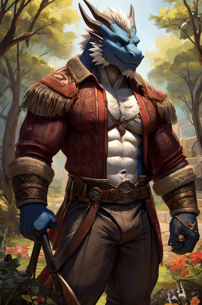 Reif's fluffy fur coat is not merely a trait of his dragon-kin heritage but a reflection of his status. The deep blues and greys of his fur are often associated with the wisdom of the ancients, while his piercing blue eyes seem to gaze into the soul of anyone who dares to meet his gaze. His stature, at 173 cm, is quite notable, especially given his narcoleptic condition. His physique, though not traditionally robust, suggests a strength that lies beneath the surface, hinting at the formidable power he wLumberjack Shirt: The green lumberjack shirt, unbuttoned to reveal his furry, hairy chest, is a nod to the region's strong ties to nature and the robustness of its inhabitants. The color green is significant in both Slavic and Celtic cultures, representing growth, life, and the vastness of the forest that surrounds the village. The pattern of the shirt, reminiscent of the ancient runic symbols found on artifacts from both cultures, suggests a unity of the old and new worlds. The sleeves, rolled up to his elbows, offer a glimpse of his powerful, fur-covered forearms, symbolizing his readiness for manual labor and combat, despite his scholarly demeanor. Loose-Fitting Pants: The dark brown pants, tailored to allow unrestrained movement, are emblematic of the village's emphasis on functionality and comfort. The material, a durable blend of fabric and fur, is both stylish and practical, suited to the various activities Reif engages in, from tending to his garden to engaging in the rigorous training sessions that keep him fit for his role as the village's guardian. Leather Chest Belt Strap: The brown leather chest belt strap serves both a practical and symbolic purpose. It holds the shirt in place, emphasizing his chest and abs, but also acts as a utilitarian accessory, allowing him to keep essential items close at hand. This strap is a subtle nod to the dragon-kin's historical attire, which often incorporated leather and fur to signify their mastery over the natural world