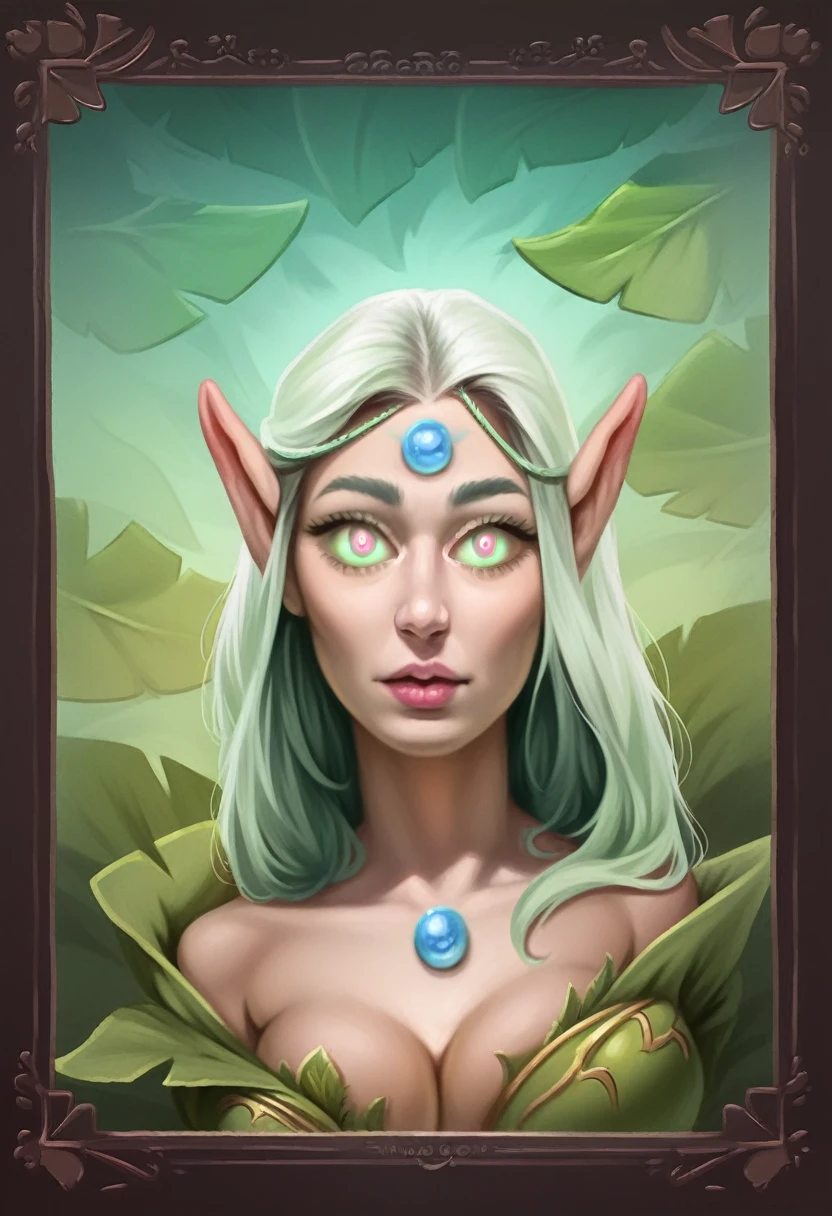 beautiful detailed eyes, beautiful detailed lips, extremely detailed eyes and face, long eyelashes, 1 girl, elf, busty, leather leaf thong, ivy crown, graphic design, 5 colors, (best quality,4k,8k,highres,masterpiece:1.2),ultra-detailed,(realistic,photorealistic,photo-realistic:1.37),fantasy,digital painting,concept art,cinematic lighting,vibrant colors,lush foliage