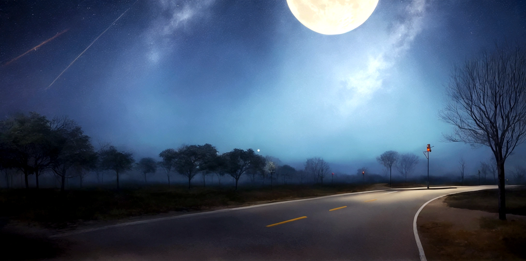 several roads in a deserted place, going in several directions, moonlit atmosphere, with a large crowd going in several different directions