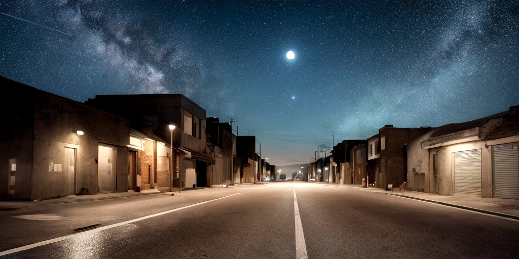 several roads in a deserted place, going in several directions, moonlit atmosphere, with a large crowd going in several different directions