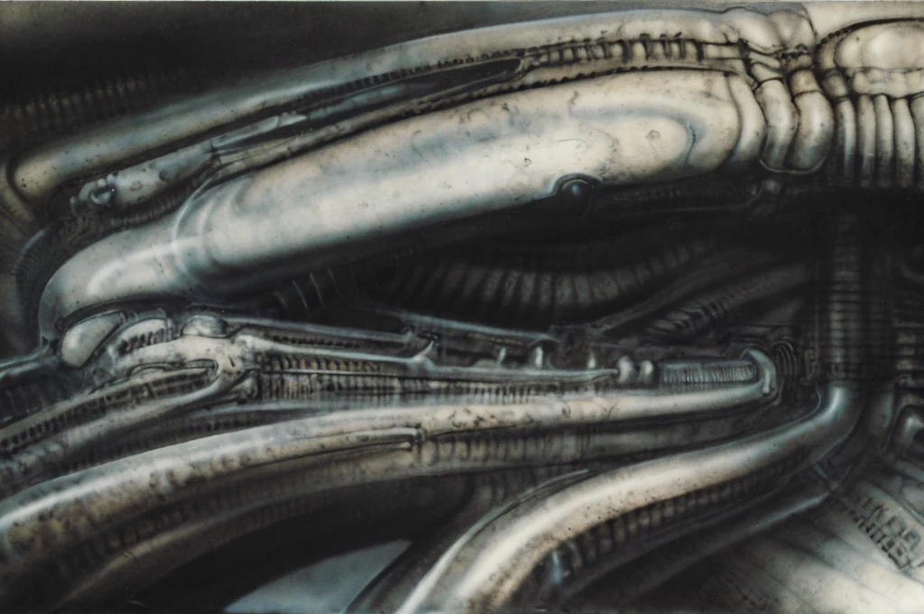 The image is a detailed view of H.R. Giger's biomechanical tableau \" Landscape XVI \" plate, featuring.
(airbrush painting, Giger's alien in front of broken alien ship in landscape, natural light, sharp focus, illustration, highly detailed, digital painting, concept art, matte, art by gric and kozhanov and moebius and Alphonse Mucha, masterpiece, HDR ,UHD , uplight, in HRGigerArhP style);1.
surrealistic painting of a monster with multiple tentacles and a body that looks like a brain, surrounded by a chaotic scene of swirling clouds and other monsters
It's a complex network of bones and organs in eldritch color scheme:a greenish-brown hue ,swirling gery and brown colors. The artwork is silverish and green brown, with an ivory bones prominently displayed. The image is highly detailed and intricate, almost like a 3d version of a medical sketchwork.
The piece is a tableau, most likely created with a India ink pen or pencil on paper, determined by the thin lines, shading techniques, and the texture of the paper, which is visible around the edges.
Used is pen, given the shading and variations in line weight visible in the image. Artist have used a variety of stylus with different degrees of hardness to achieve the shading effects.
The use of undersaturated green-grays dark contrasts creates a stark and graphic look. Is used a variety of linework techniques to create different textures. Fine, parallel lines create a smooth, metallic texture,while thicker, more cursive lines suggest cables or wires.
Light source from the top highlights skeletals, pper part of foreground, lower part of image is in shadowupper part of foreground, lower part of image is in shadow.
The art performance showcases the artist’s skills in observation and rendering. The level of detail in the piece suggests a close study of real bone specimens and mechanics. The artist has skillfully used shading techniques to create a convincing illusion of three-dimensionality on a flat surface. The wrinkles