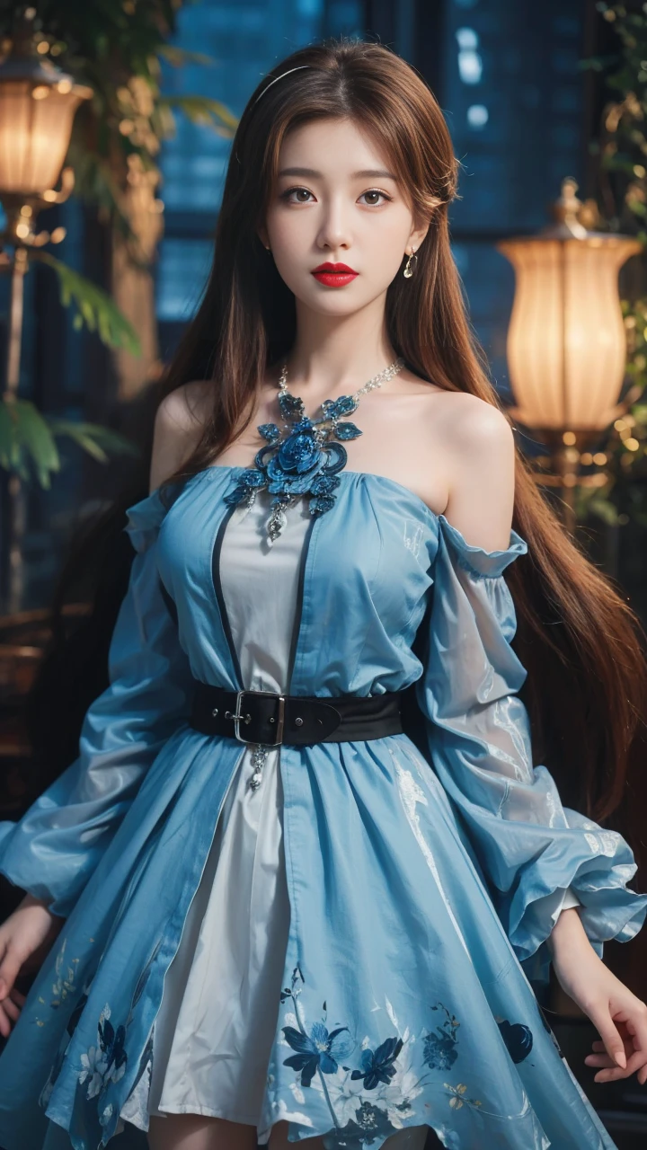 best quality, tmasterpiece,Ultra-high resolution,Clear face,(Reality:1.4),ferpect lighting,(upper body shot), (photorealistic:1.50), anime wallpaper, Guviz style artwork, cover-up fantasy up to magic , by Yang J, Guviz, beautiful artwork illustration, beautiful digital artwork, beautiful digital illustration, Li Song, beautiful anime portrait, art style in Beauvot, Lips wear thick red lipstick