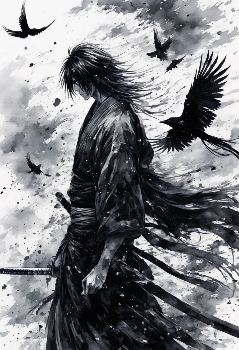 Ink and ink painting,Black and white painting,splash,Beautiful detailed glass hair,Rurouni Kenshin,Kenshin Himura,Crow,