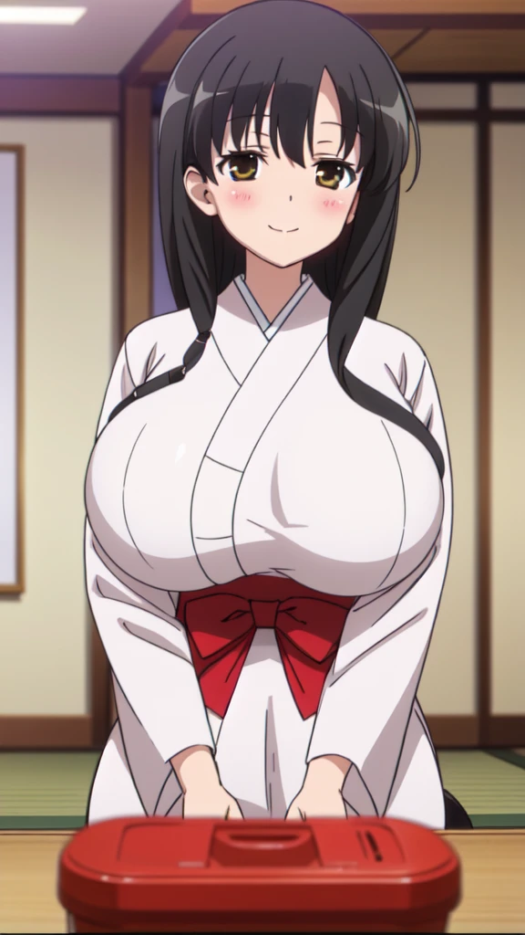 anime screencap, masterpiece, best quality, high resolution, 2D, anime cels, best quality, high resolution, 1girl, kasumi iwato, japanese clothes, (huge breasts:1.5),  blush, embarrassed, smile, looking at viewer