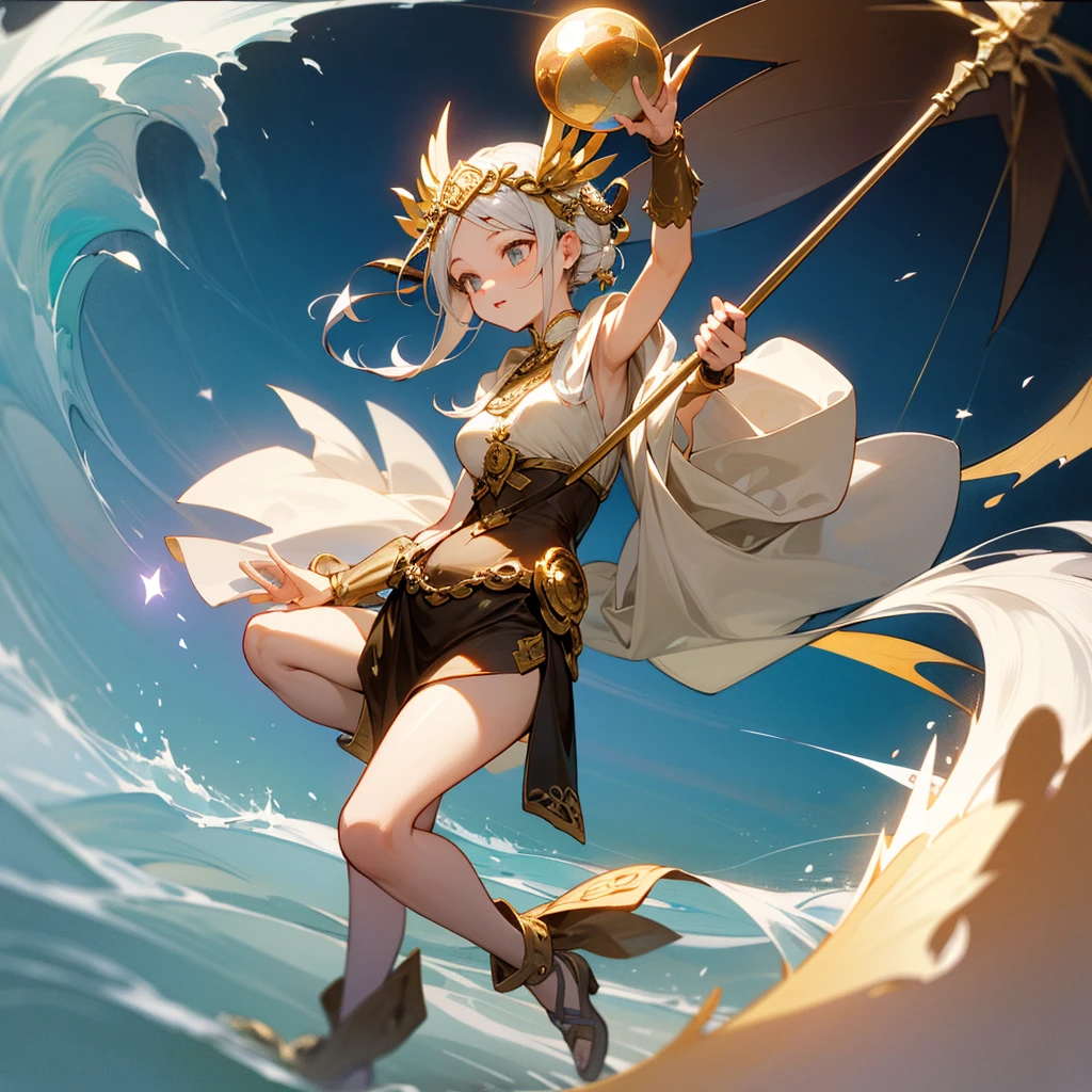 high resolution、Neat、Goddess of Light！He carries a gold staff with a large round crystal ball on the front end.、Wave the big stick and you&#39;ll instantly rise to the sky。
An all-white image！