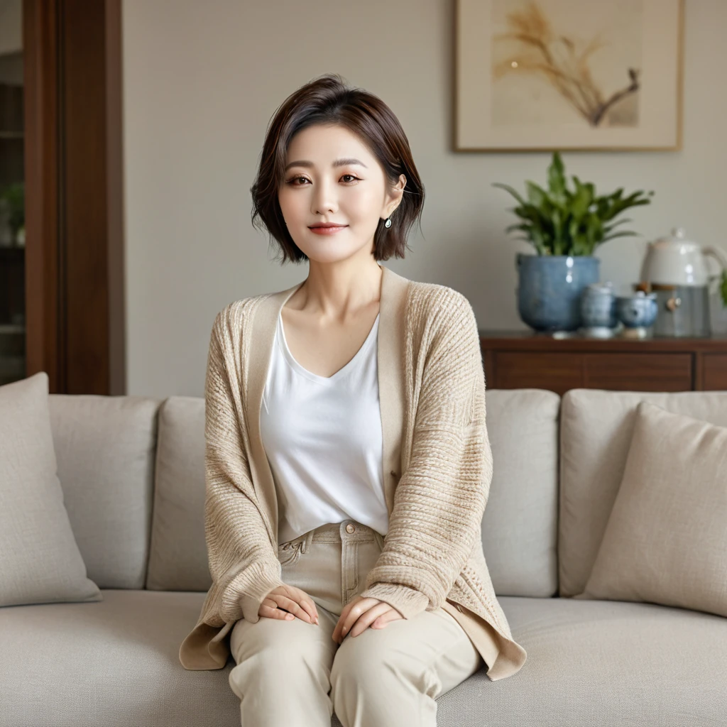 8k best picture quality, Beautiful 36-year-old Korean woman, The eyes are big, round and clear.. short medium hair. Chest size 34 inches, Wearing a cardigan and beige jeans. luxury mansion living room, Sitting on the sofa, holding a ceramic coffee cup with both hands, full body shot