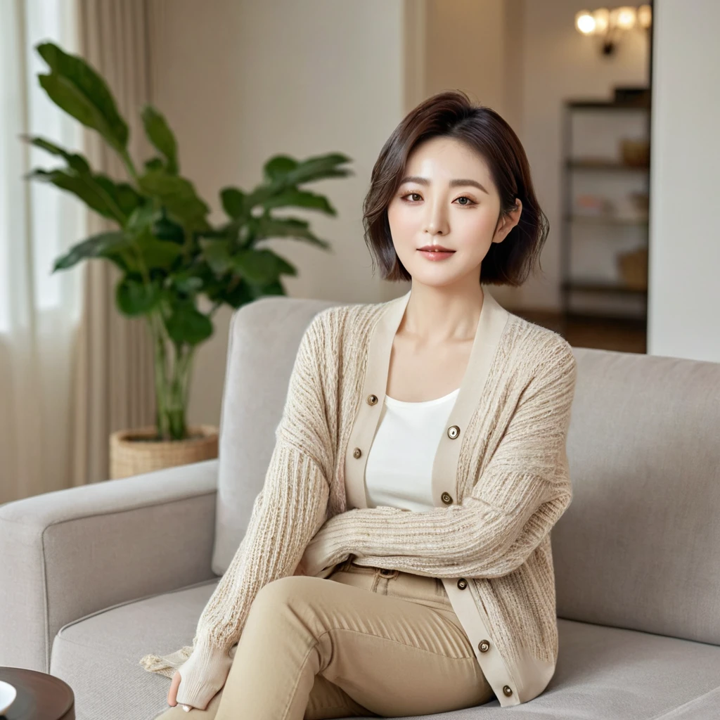 8k best picture quality, Beautiful 36-year-old Korean woman, The eyes are big, round and clear.. short medium hair. Chest size 34 inches, Wearing a cardigan and beige jeans. luxury mansion living room, Sitting on the sofa, holding a ceramic coffee cup with both hands, full body shot