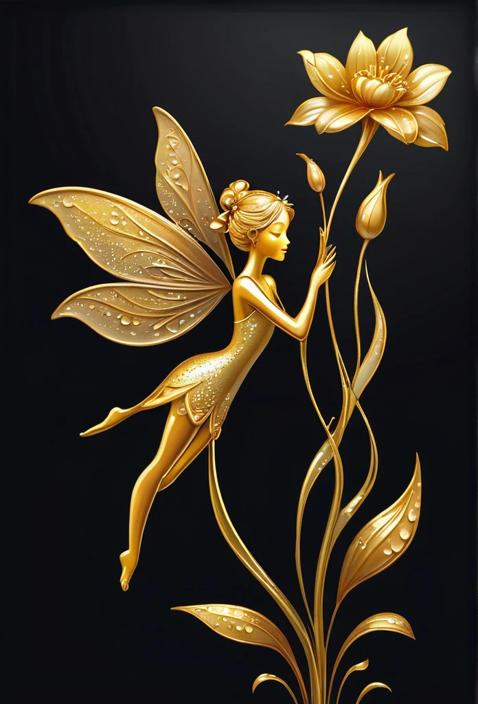 Beautiful golden flower,with water drops,a tiny fairy(full body) is gracefully holding  the flower, pitch black background,(art work),(refined details),(high quality)